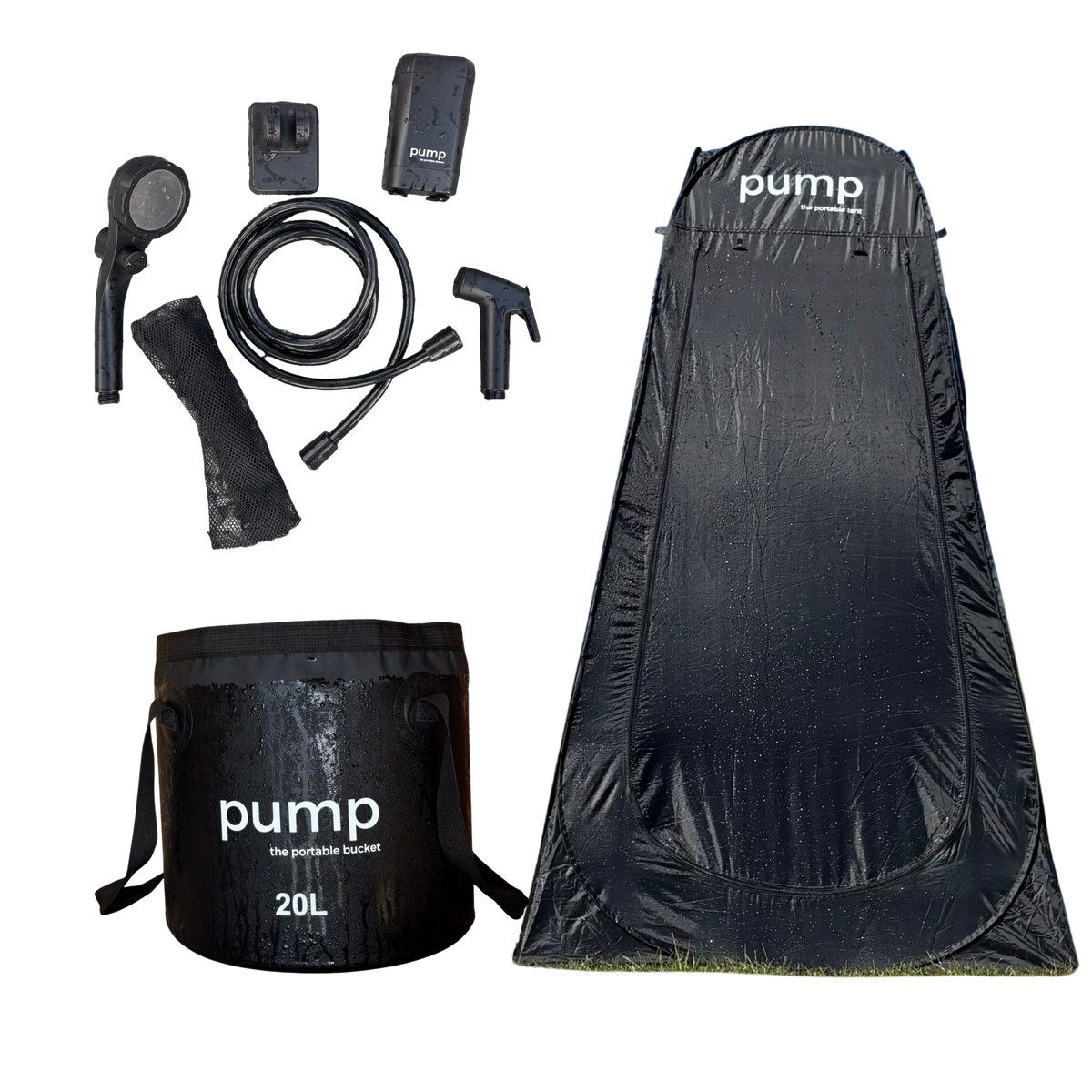 THE PORTABLE COMBO (tent + shower + bucket)