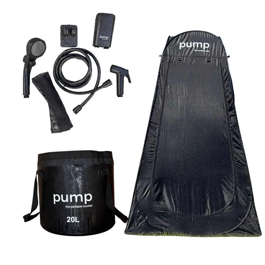 THE PORTABLE COMBO (tent + shower + bucket)